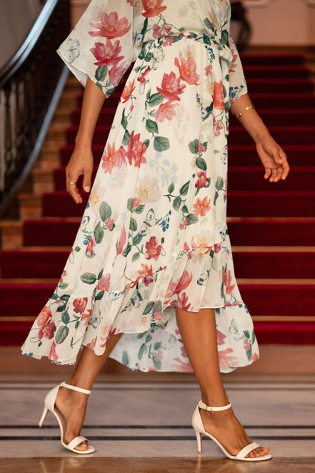 Yumi Ivory Floral Print Wrap Midi Dress with Dipped Hem