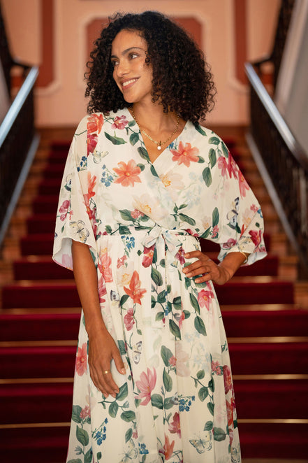 Yumi Ivory Floral Print Wrap Midi Dress with Dipped Hem