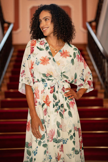 Yumi Ivory Floral Print Wrap Midi Dress with Dipped Hem