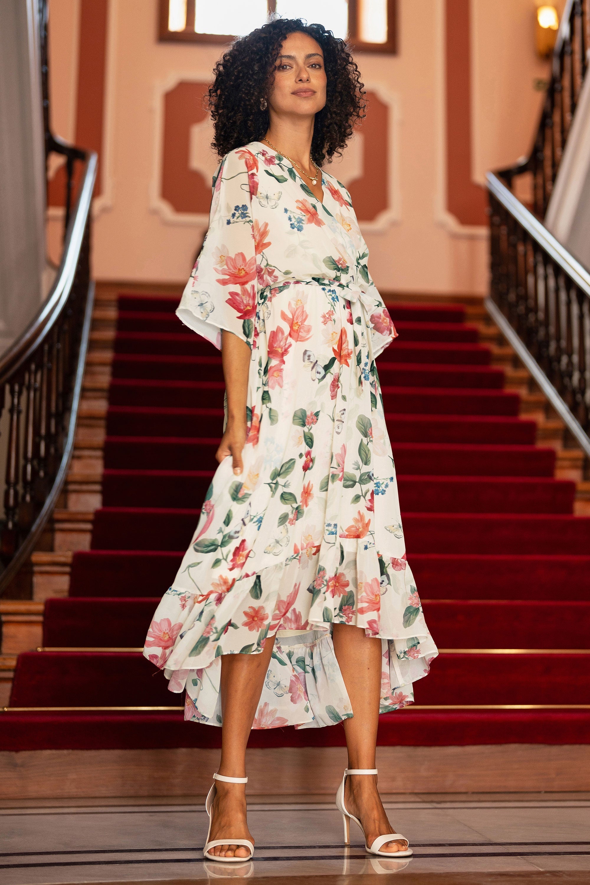 Yumi Ivory Floral Print Wrap Midi Dress with Dipped Hem