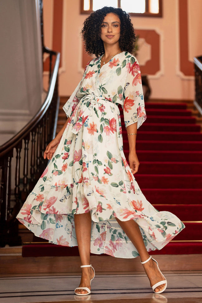 Yumi Ivory Floral Print Wrap Midi Dress with Dipped Hem
