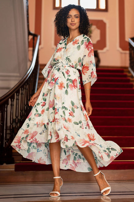 Yumi Ivory Floral Print Wrap Midi Dress with Dipped Hem