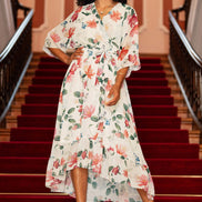 Yumi Ivory Floral Print Wrap Midi Dress with Dipped Hem