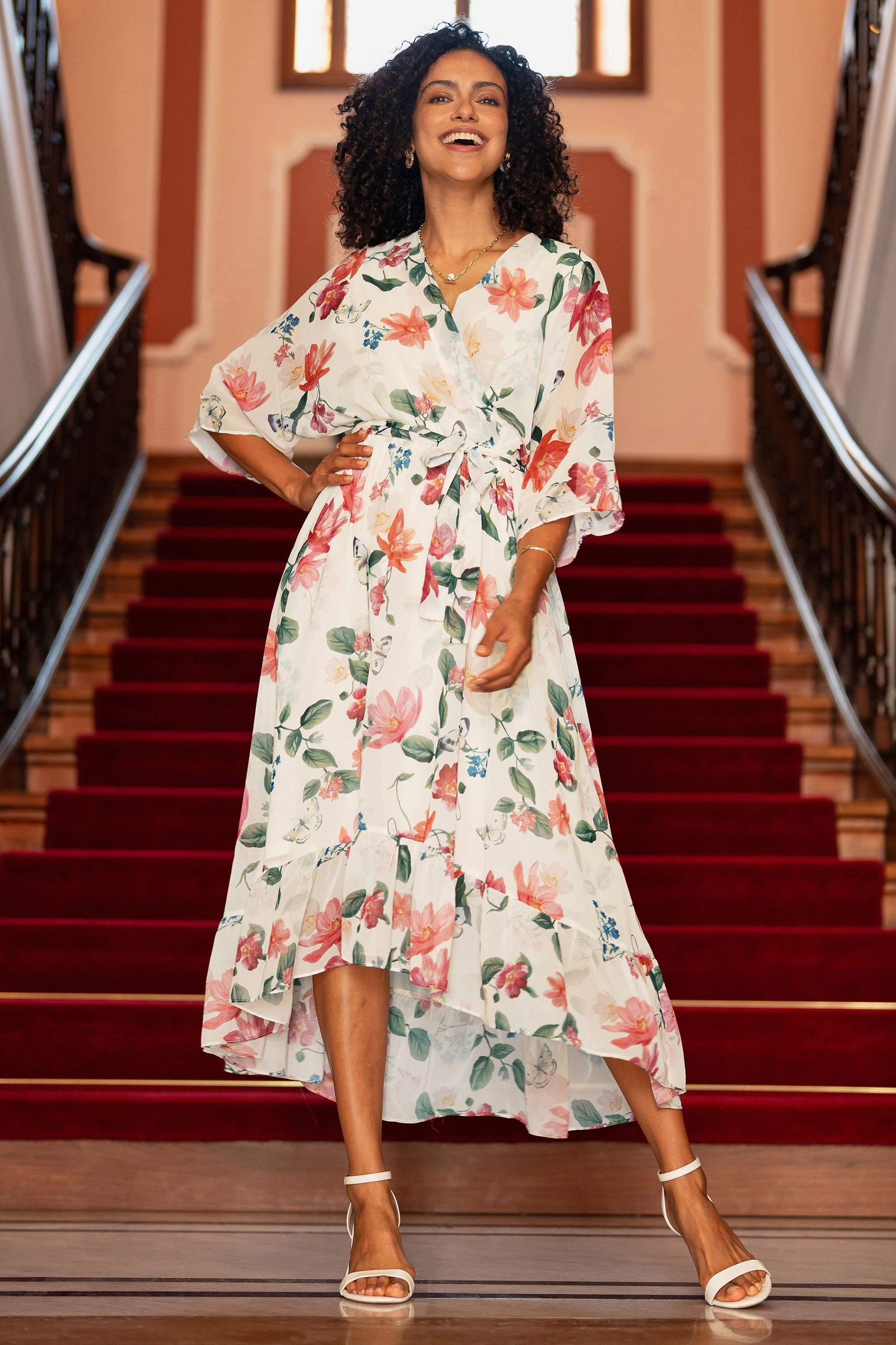 Yumi Ivory Floral Print Wrap Midi Dress with Dipped Hem
