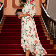 Yumi Ivory Floral Print Wrap Midi Dress with Dipped Hem