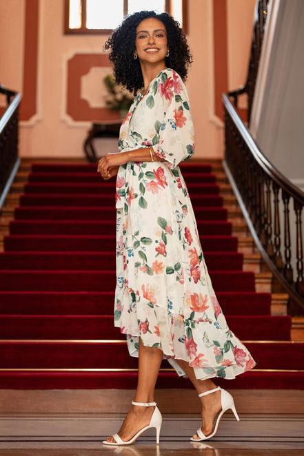Yumi Ivory Floral Print Wrap Midi Dress with Dipped Hem
