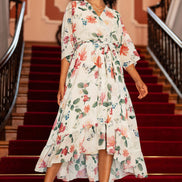 Yumi Ivory Floral Print Wrap Midi Dress with Dipped Hem