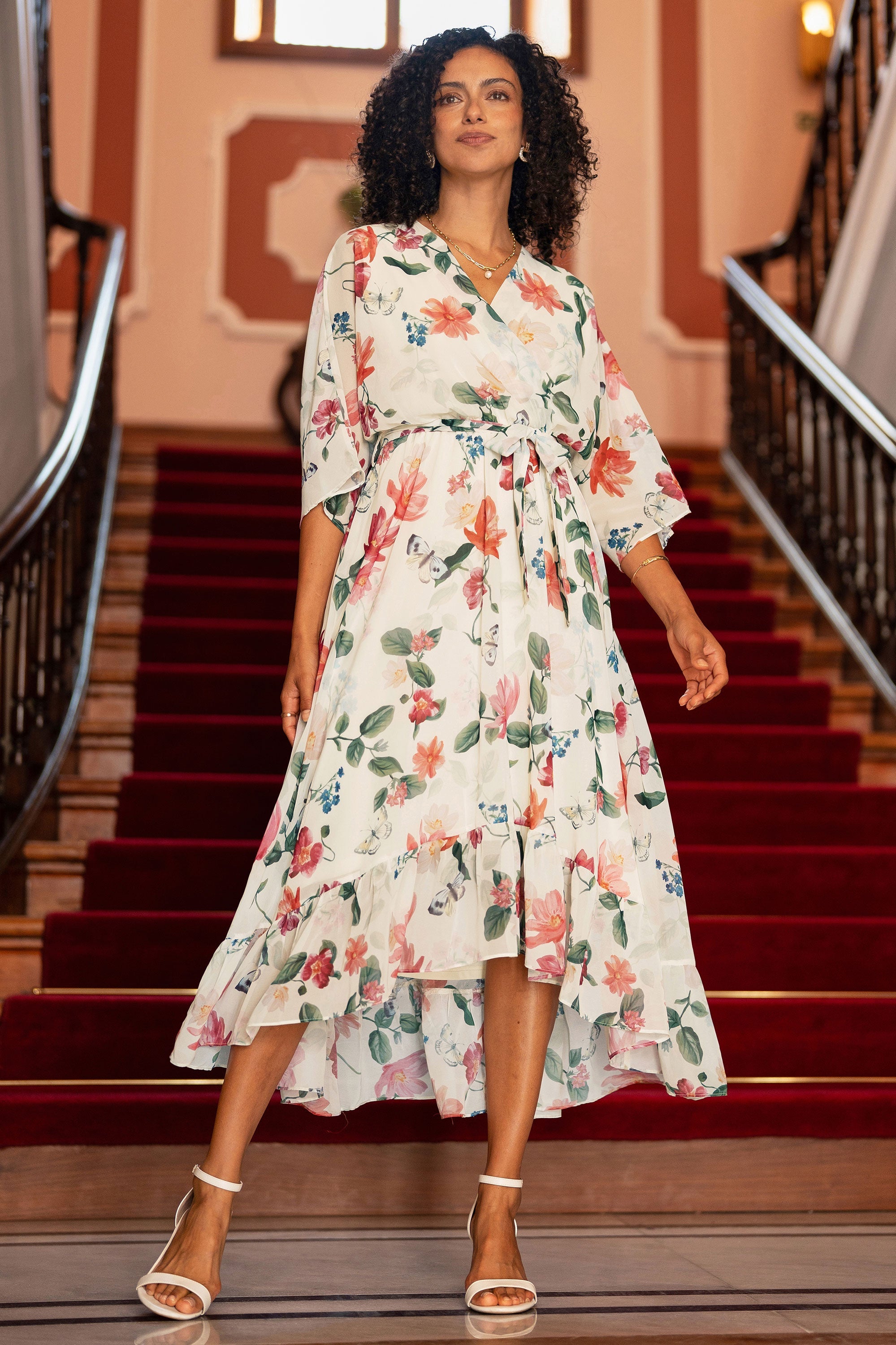 Yumi Ivory Floral Print Wrap Midi Dress with Dipped Hem