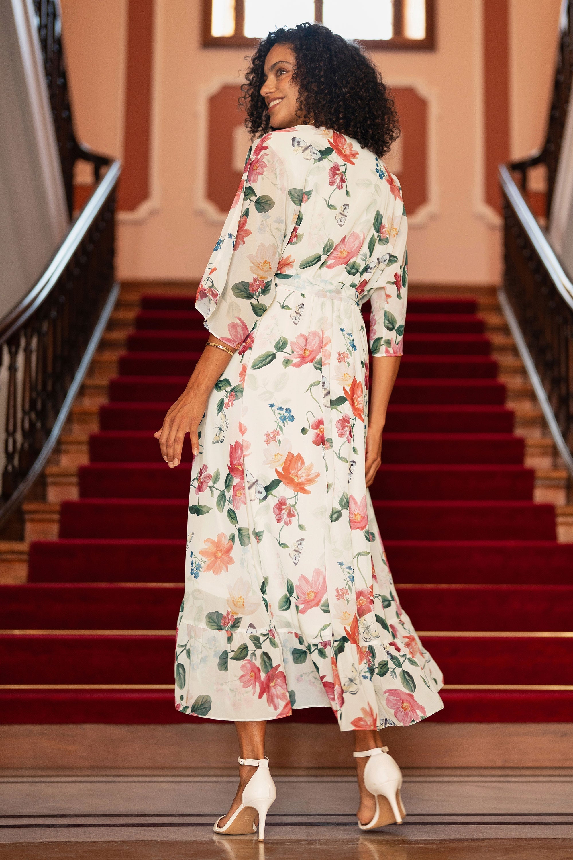 Yumi Ivory Floral Print Wrap Midi Dress with Dipped Hem