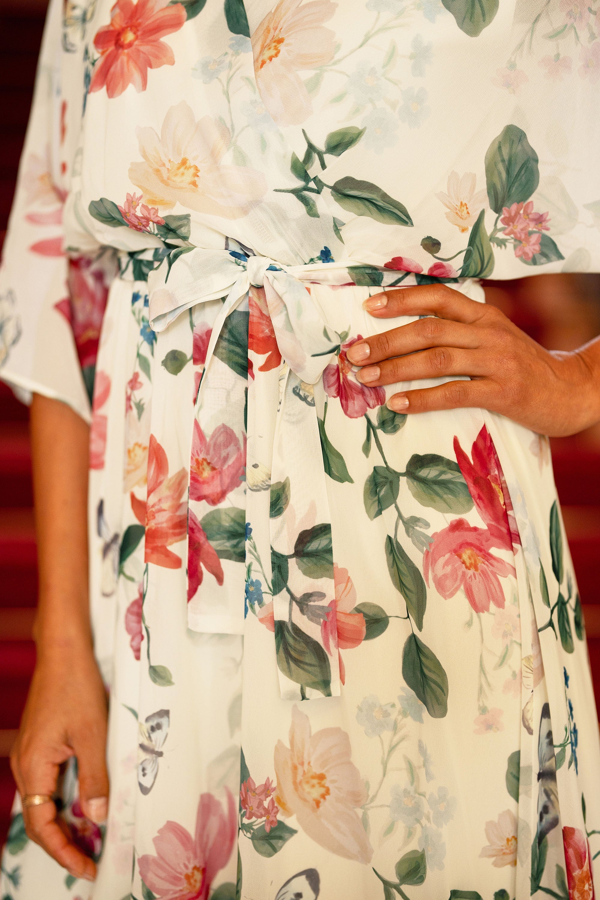 Yumi Ivory Floral Print Wrap Midi Dress with Dipped Hem