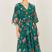 Yumi Green Floral Kimono Wrap Dress with Dip Hem