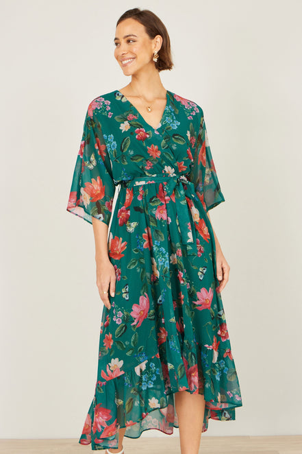 Yumi Green Floral Kimono Wrap Dress with Dip Hem