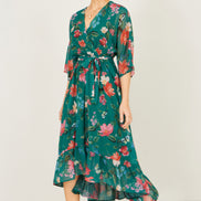 Yumi Green Floral Kimono Wrap Dress with Dip Hem