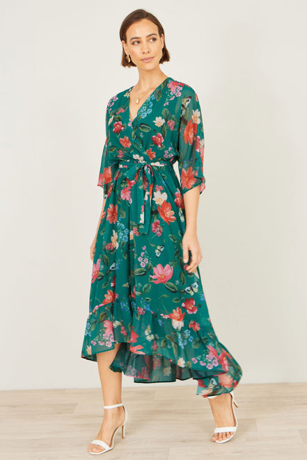 Yumi Green Floral Kimono Wrap Dress with Dip Hem