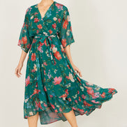 Yumi Green Floral Kimono Wrap Dress with Dip Hem