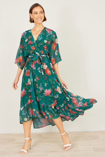 Yumi Green Floral Kimono Wrap Dress with Dip Hem