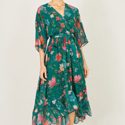 Yumi Green Floral Kimono Wrap Dress with Dip Hem