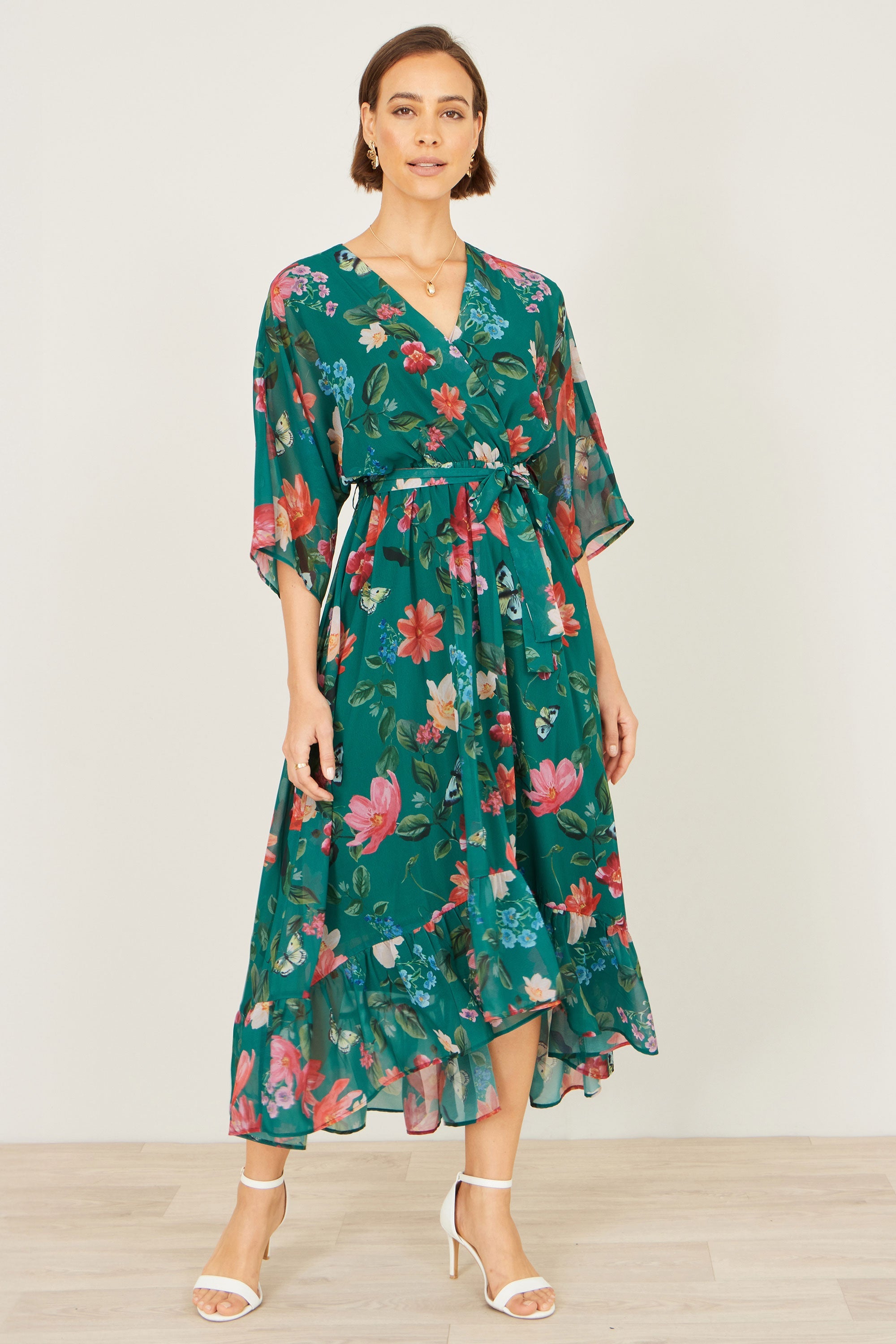 Yumi Green Floral Kimono Wrap Dress with Dip Hem