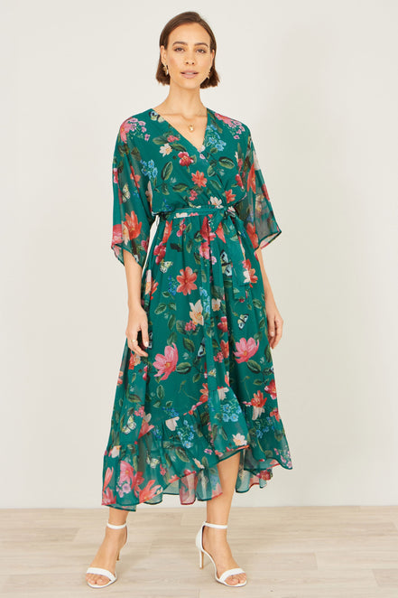 Yumi Green Floral Kimono Wrap Dress with Dip Hem