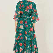 Yumi Green Floral Kimono Wrap Dress with Dip Hem
