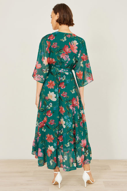 Yumi Green Floral Kimono Wrap Dress with Dip Hem