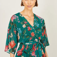Yumi Green Floral Kimono Wrap Dress with Dip Hem