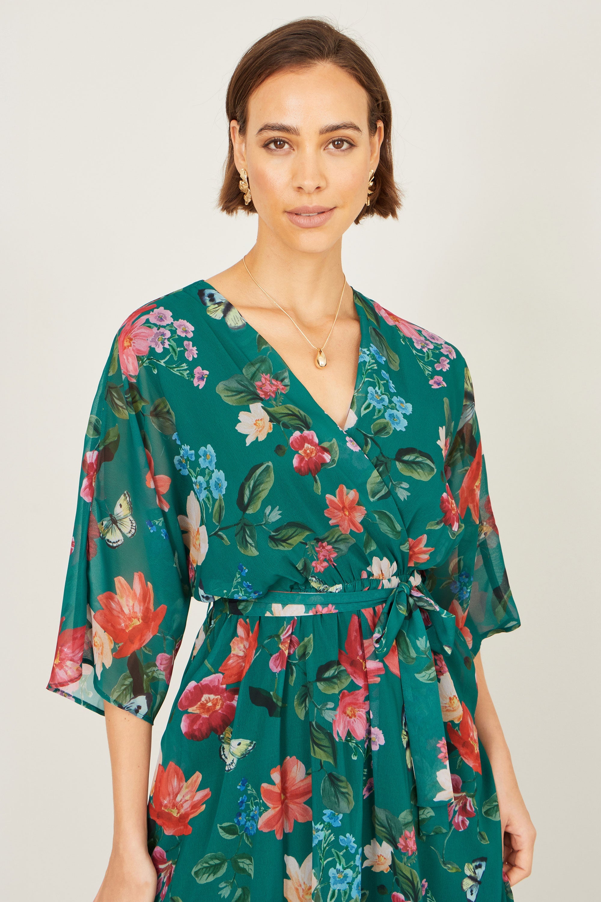 Yumi Green Floral Kimono Wrap Dress with Dip Hem