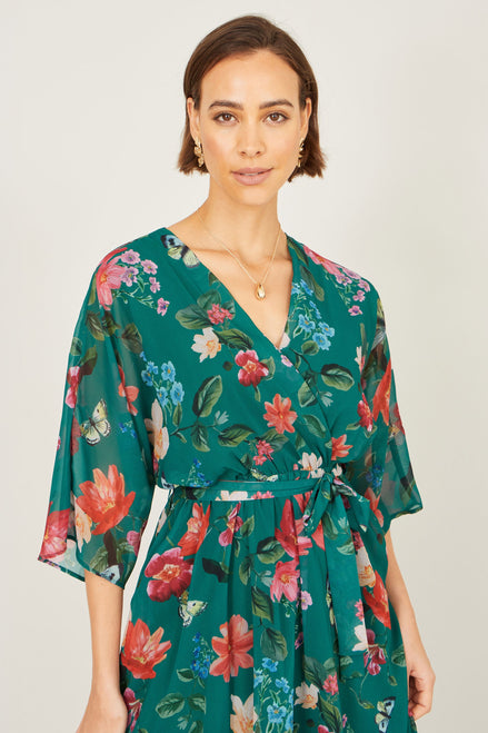 Yumi Green Floral Kimono Wrap Dress with Dip Hem