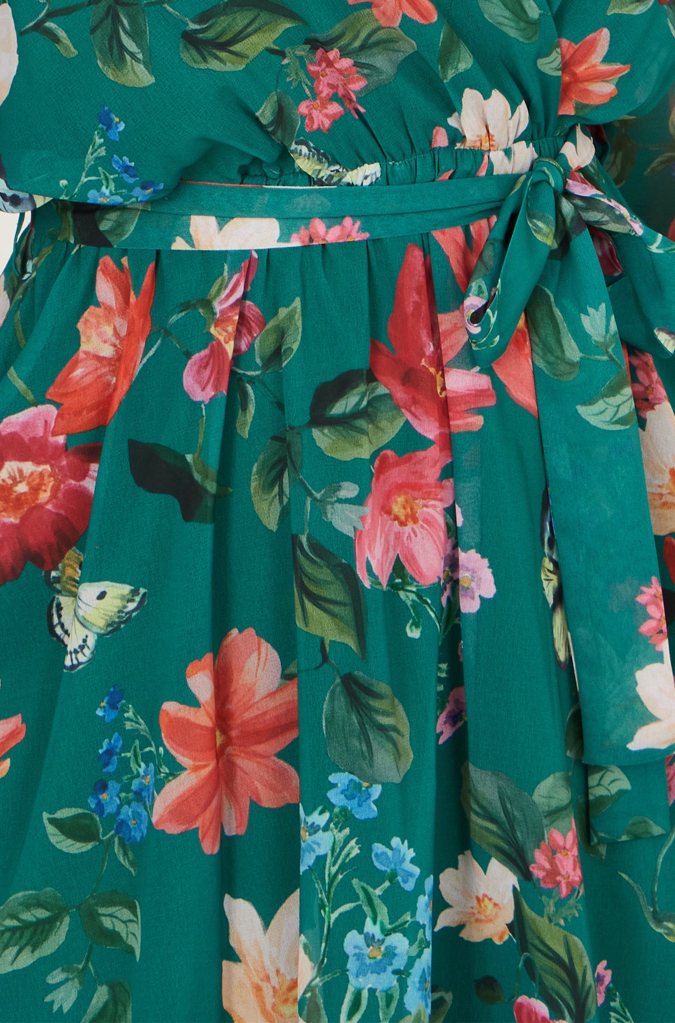 Yumi Green Floral Kimono Wrap Dress with Dip Hem