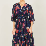 Yumi Navy Floral Kimono Wrap Dress with Dip Hem