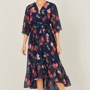 Yumi Navy Floral Kimono Wrap Dress with Dip Hem
