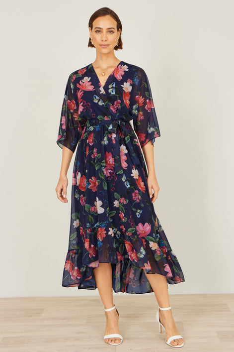 Yumi Navy Floral Kimono Wrap Dress With Dip Hem