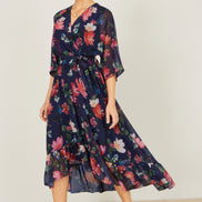 Yumi Navy Floral Kimono Wrap Dress with Dip Hem