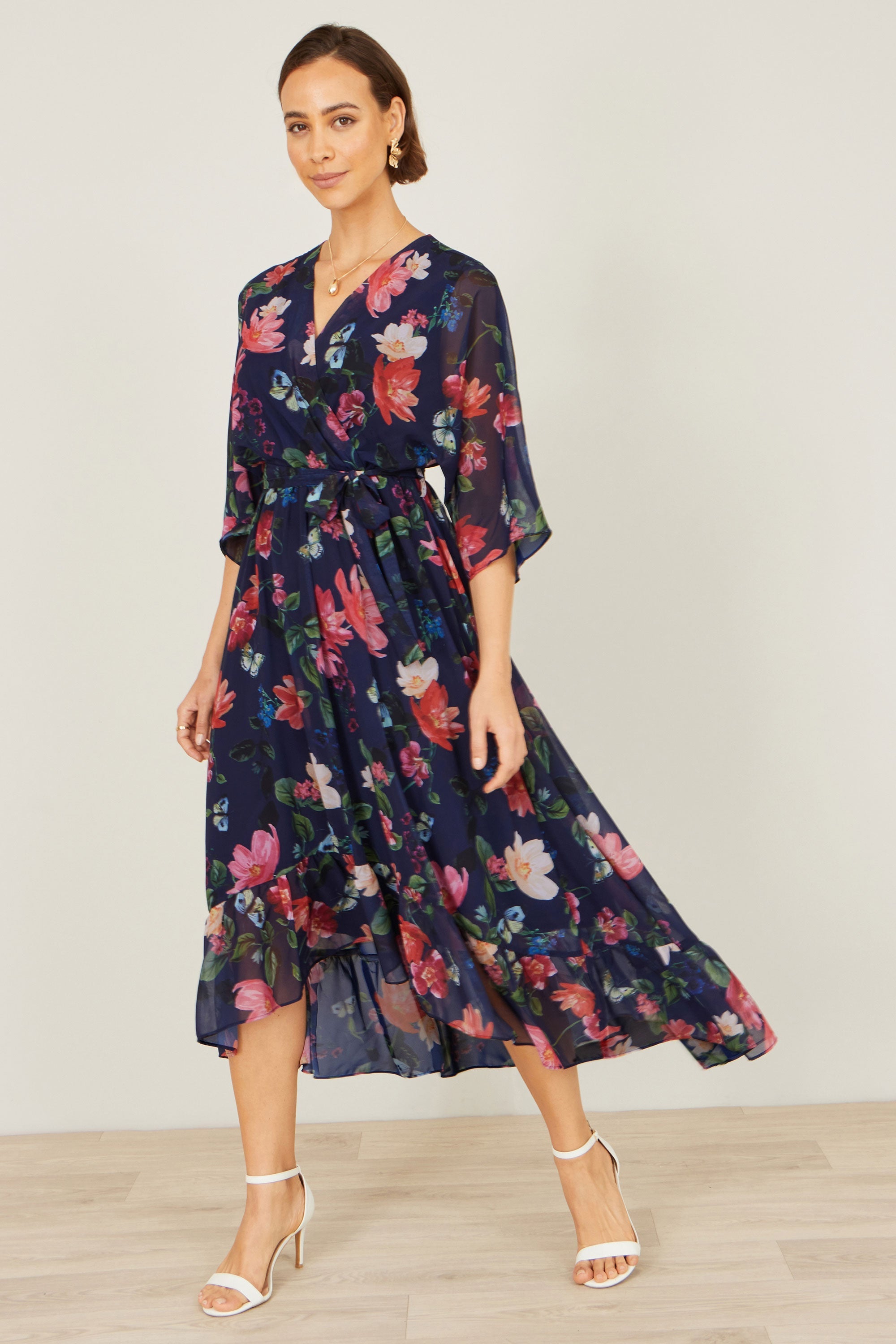 Yumi Navy Floral Kimono Wrap Dress with Dip Hem