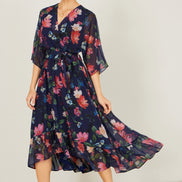 Yumi Navy Floral Kimono Wrap Dress with Dip Hem