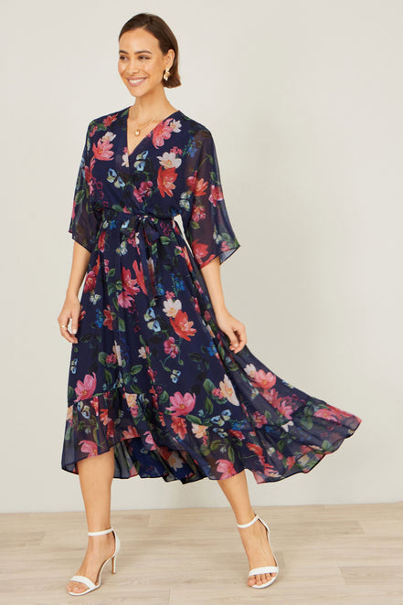 Yumi Navy Floral Kimono Wrap Dress with Dip Hem