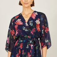 Yumi Navy Floral Kimono Wrap Dress with Dip Hem