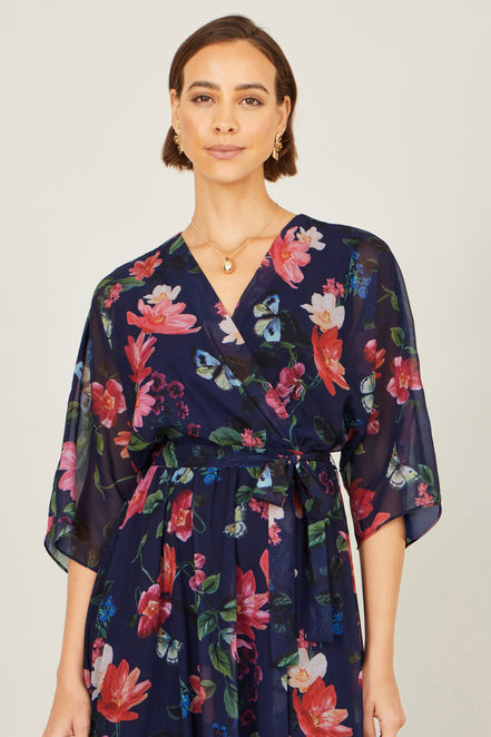 Yumi Navy Floral Kimono Wrap Dress with Dip Hem