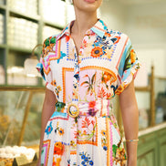 Yumi Ivory Tropical Postcard Print Relaxed Midi Shirt Dress