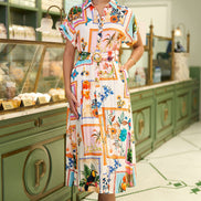 Yumi Ivory Tropical Postcard Print Relaxed Midi Shirt Dress