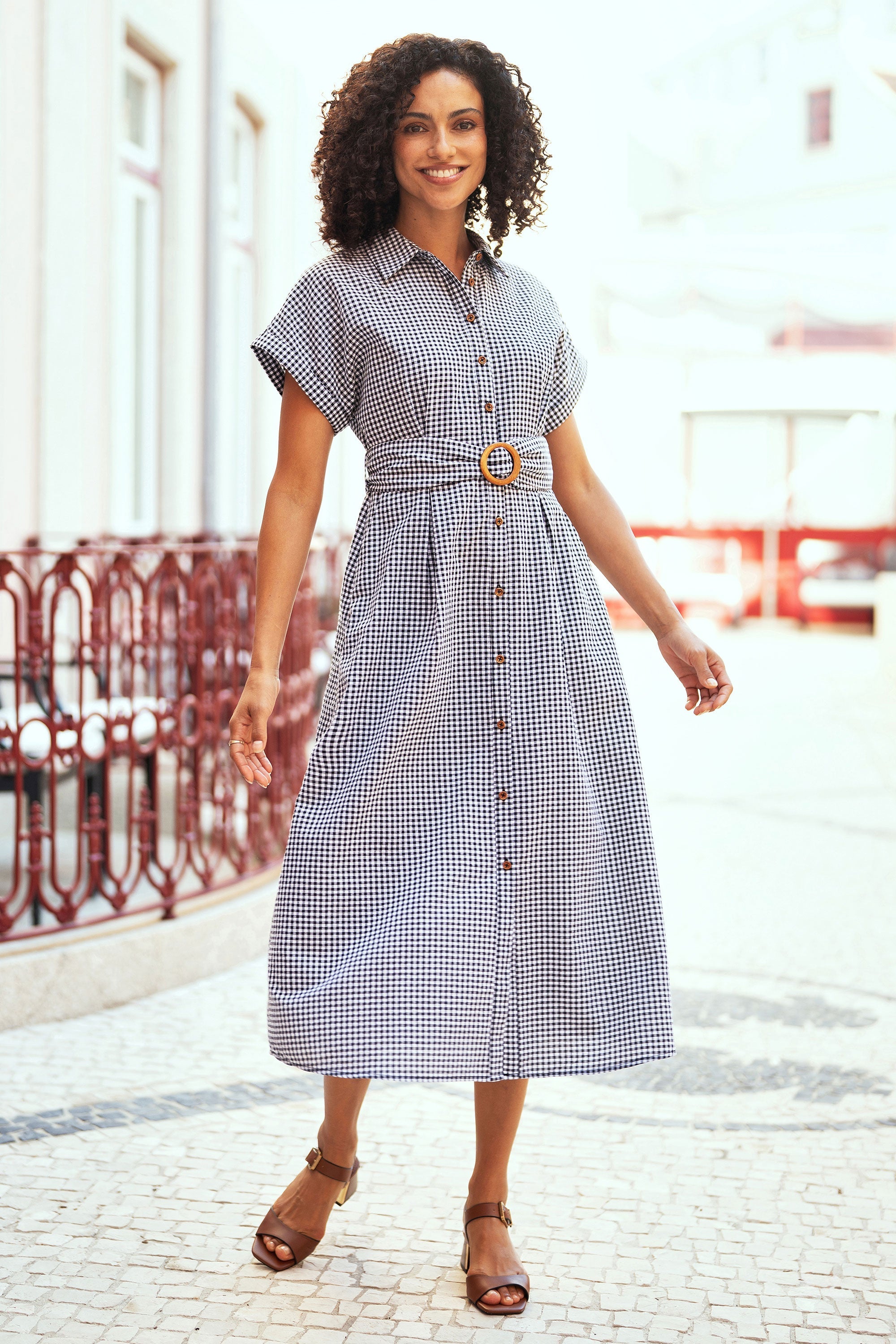 Yumi Black Gingham Relaxed Shirt Dress with Matching Belt