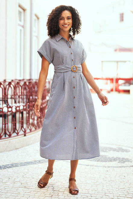 Yumi Black Gingham Relaxed Shirt Dress with Matching Belt