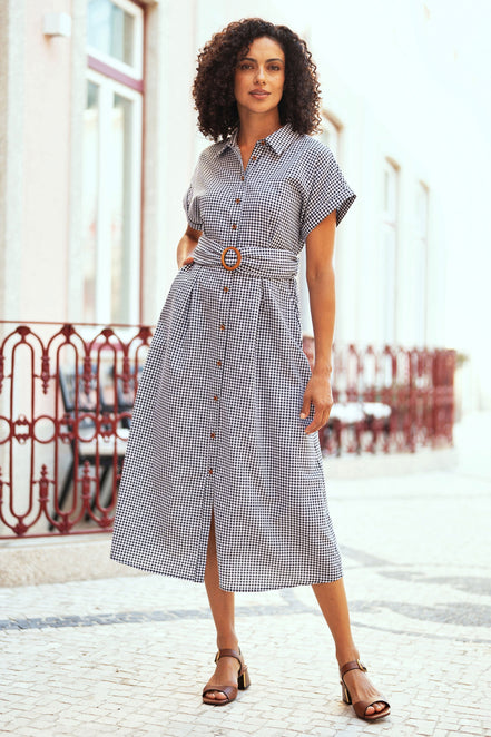 Yumi Black Gingham Relaxed Shirt Dress with Matching Belt