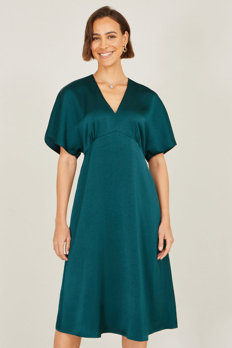 Yumi Green Satin Midi Kimono Dress