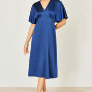 Yumi Navy Satin Midi Kimono Dress