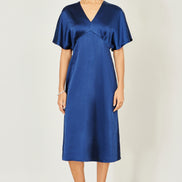 Yumi Navy Satin Midi Kimono Dress