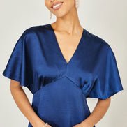 Yumi Navy Satin Midi Kimono Dress