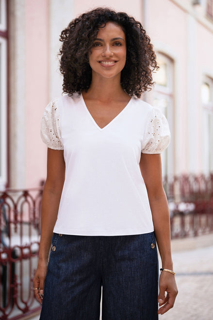 Yumi White Cotton Jersey T-Shirt with Lace Sleeves
