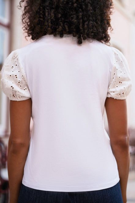 Yumi White Cotton Jersey T-Shirt with Lace Sleeves