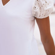Yumi White Cotton Jersey T-Shirt with Lace Sleeves